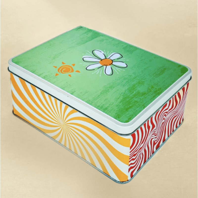 Çiçekli Renkli Dikdörtgen Dekoratif Metal Saklama Kutusu