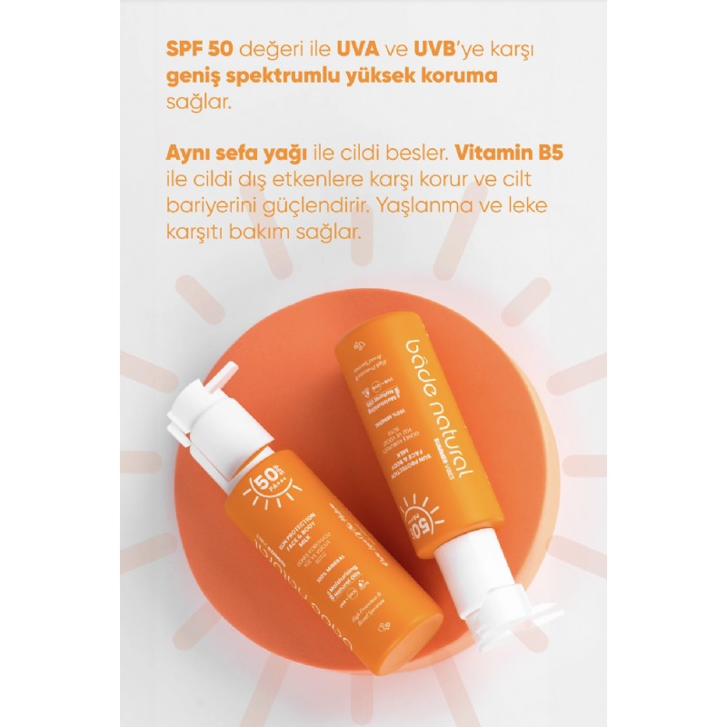 Bade Natural 50 SPF Güneş Koruyucu Yüz ve Vücut Sütü