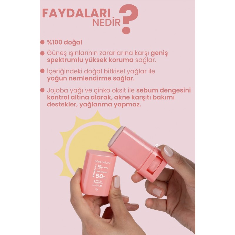 Bade Natural 50 SPF Ton Eşitleyici ve Cilt Aydınlatıcı Pembe Yüksek Korumalı Güneş Stick