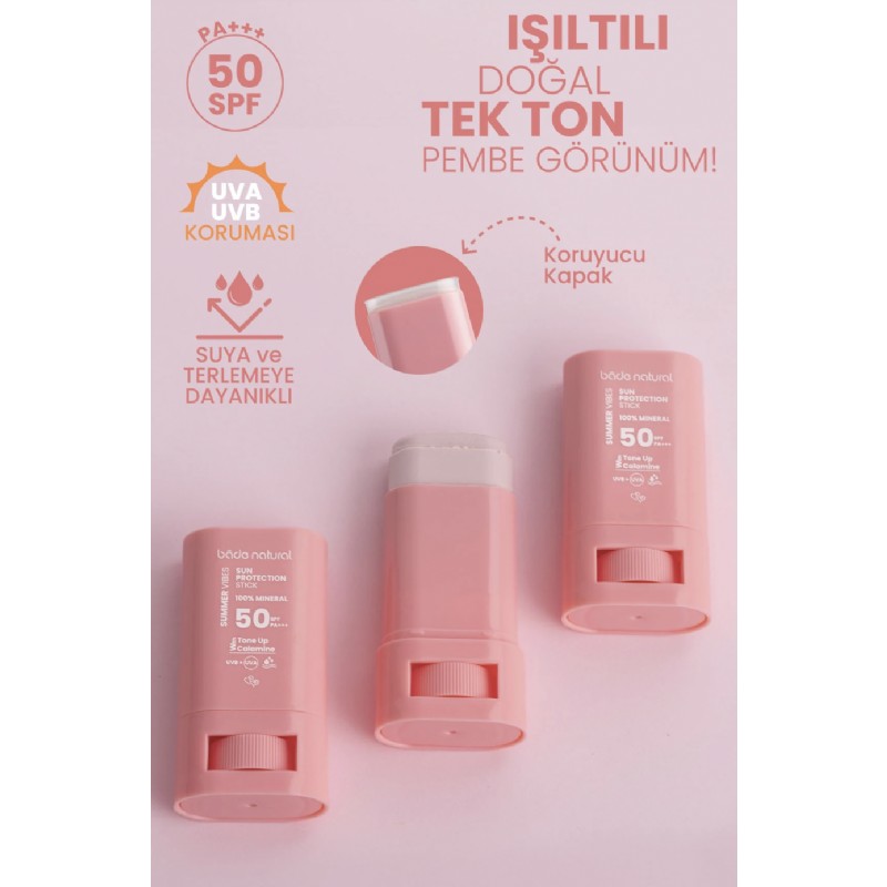 Bade Natural 50 SPF Ton Eşitleyici ve Cilt Aydınlatıcı Pembe Yüksek Korumalı Güneş Stick