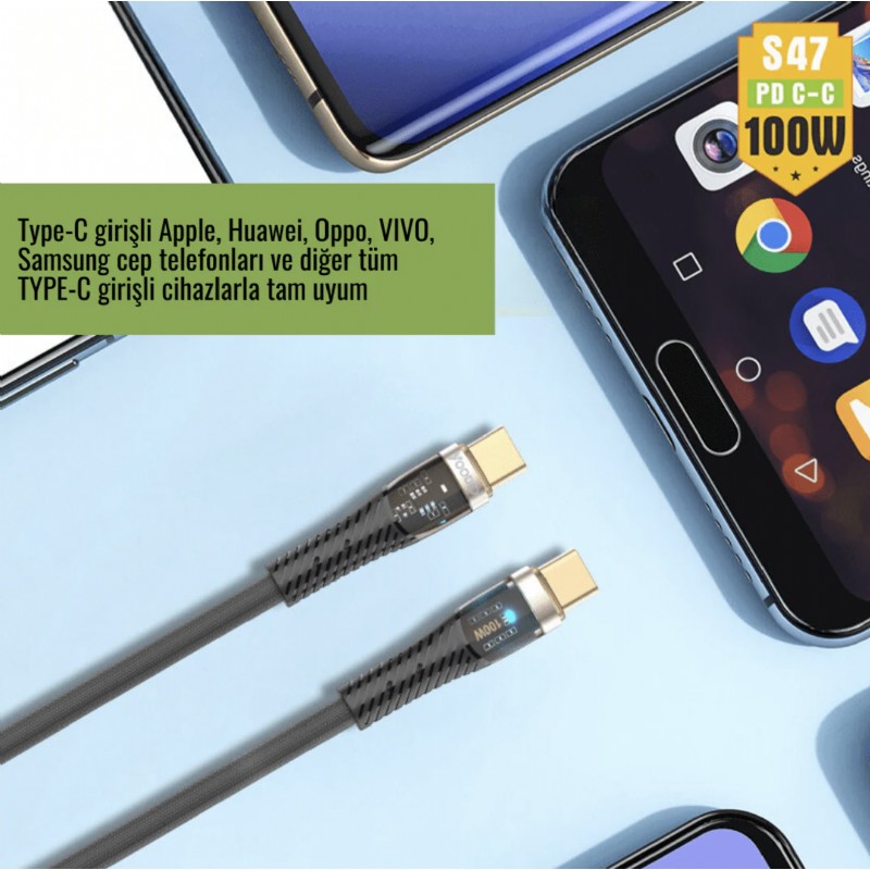 Kraftcover Örgü Dokulu Type-C Hızlı Şarj & Data Kablosu 100W - Led Işık Destekli