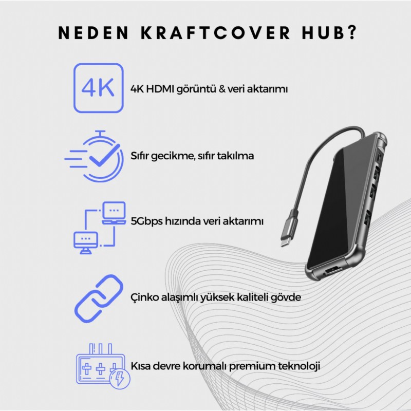 Kraftcover 5 Girişli TYPE-C'den USB'ye Dönüştürücü HUB + 4K HDMI Girişli Adaptör + TYPE-C Girişi