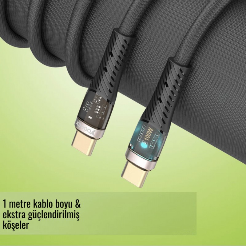 Kraftcover Örgü Dokulu Type-C Hızlı Şarj & Data Kablosu 100W - Led Işık Destekli