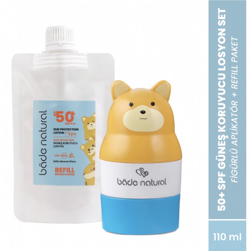 Bade Natural Çocuk Güneş Koruyucu Losyon 50+ SPF %100 Doğal Refill Paket + Figürlü Aplikatör Set